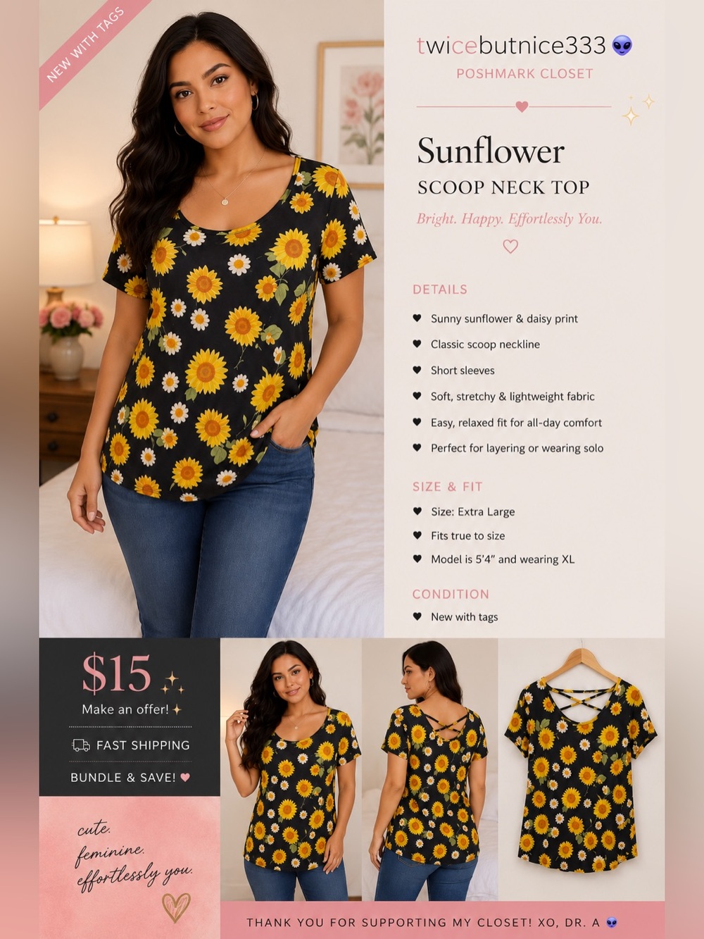 Sunflower Scoop Neck Top - Black with Yellow Sunflower Print